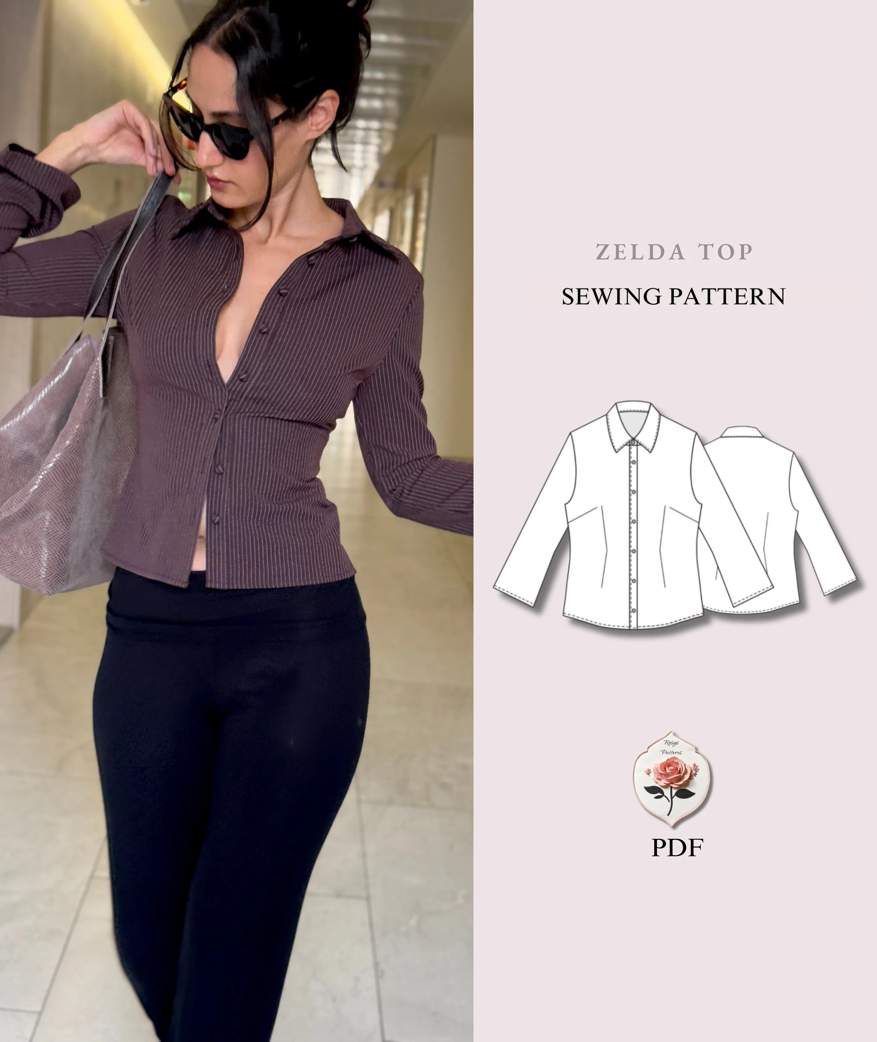 Zelda Top Sewing Pattern | Tailored Button-Up Shirt Pattern | Fitted Blouse with Collar & Long Sleeves | Confident Beginner | Sizes XXS–2XL | Instant PDF Download